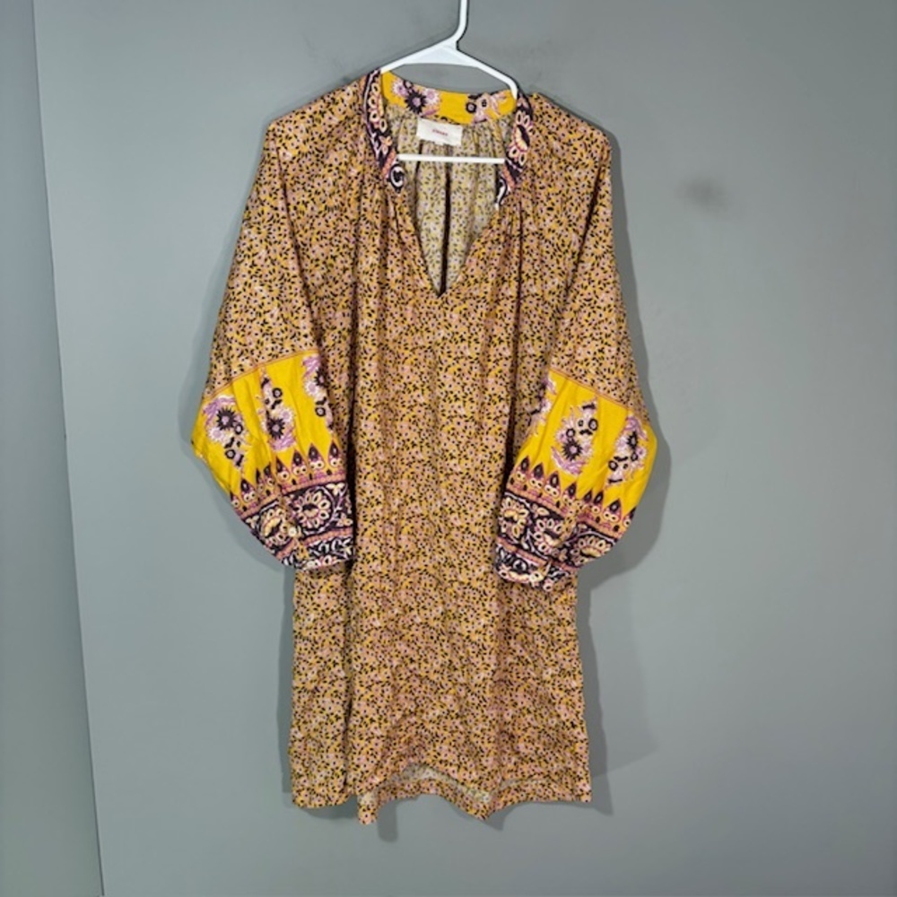 Xirena Dress Womens Small Yellow Floral Boho Shift Balloon Sleeve V Neck Short